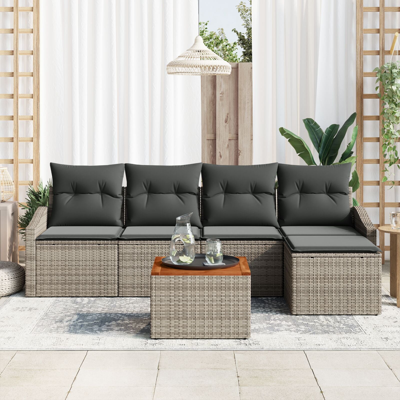 6 Delige Tuinsalon Set Met Kussens Grijs Poly Rattan Acacia