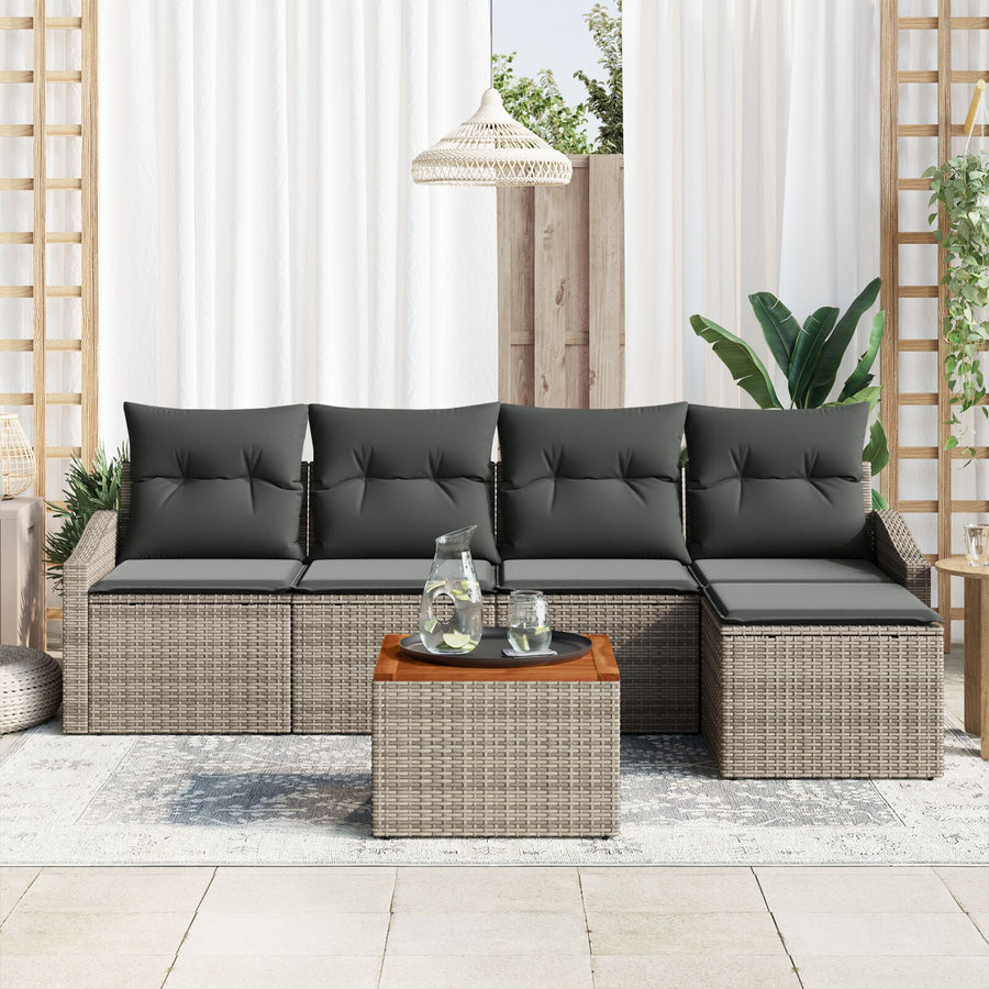 6 Delige Tuinsalon Set Met Kussens Grijs Poly Rattan Acacia