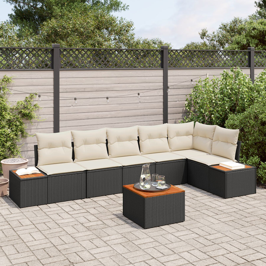 7 Persoons Tuin Sofa Set Met Kussens Poly Rattan Acacia Zwart en crème met tafel