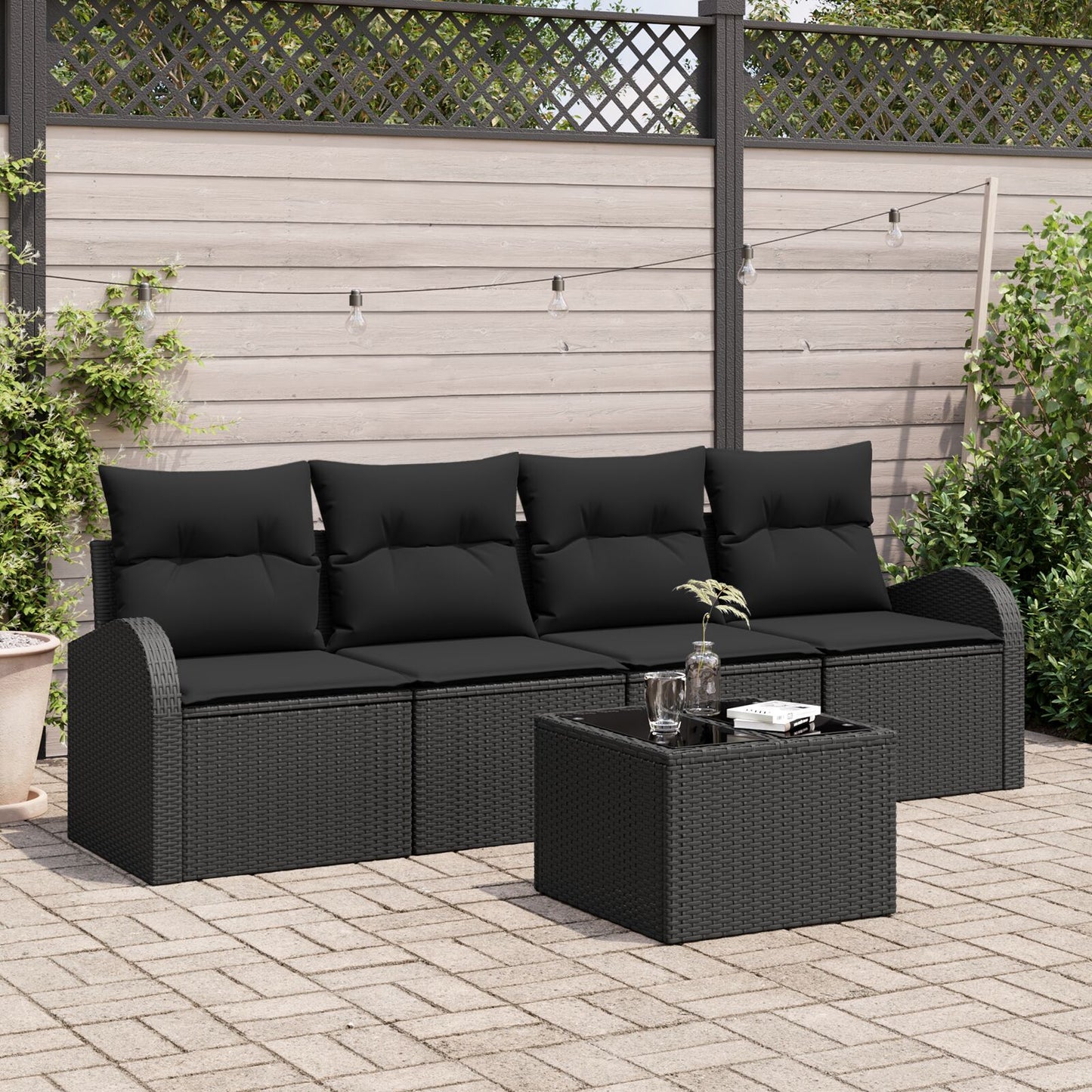 5-Delige Tuin Sofa Set Met Kussens Zwart Poly Rattan