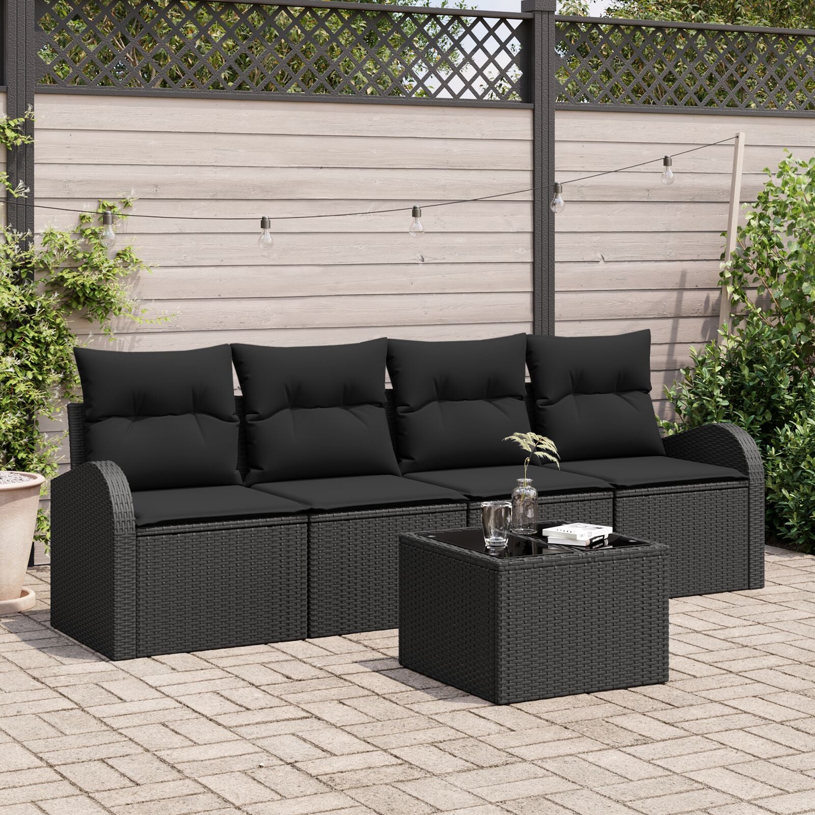5-Delige Tuin Sofa Set Met Kussens Zwart Poly Rattan
