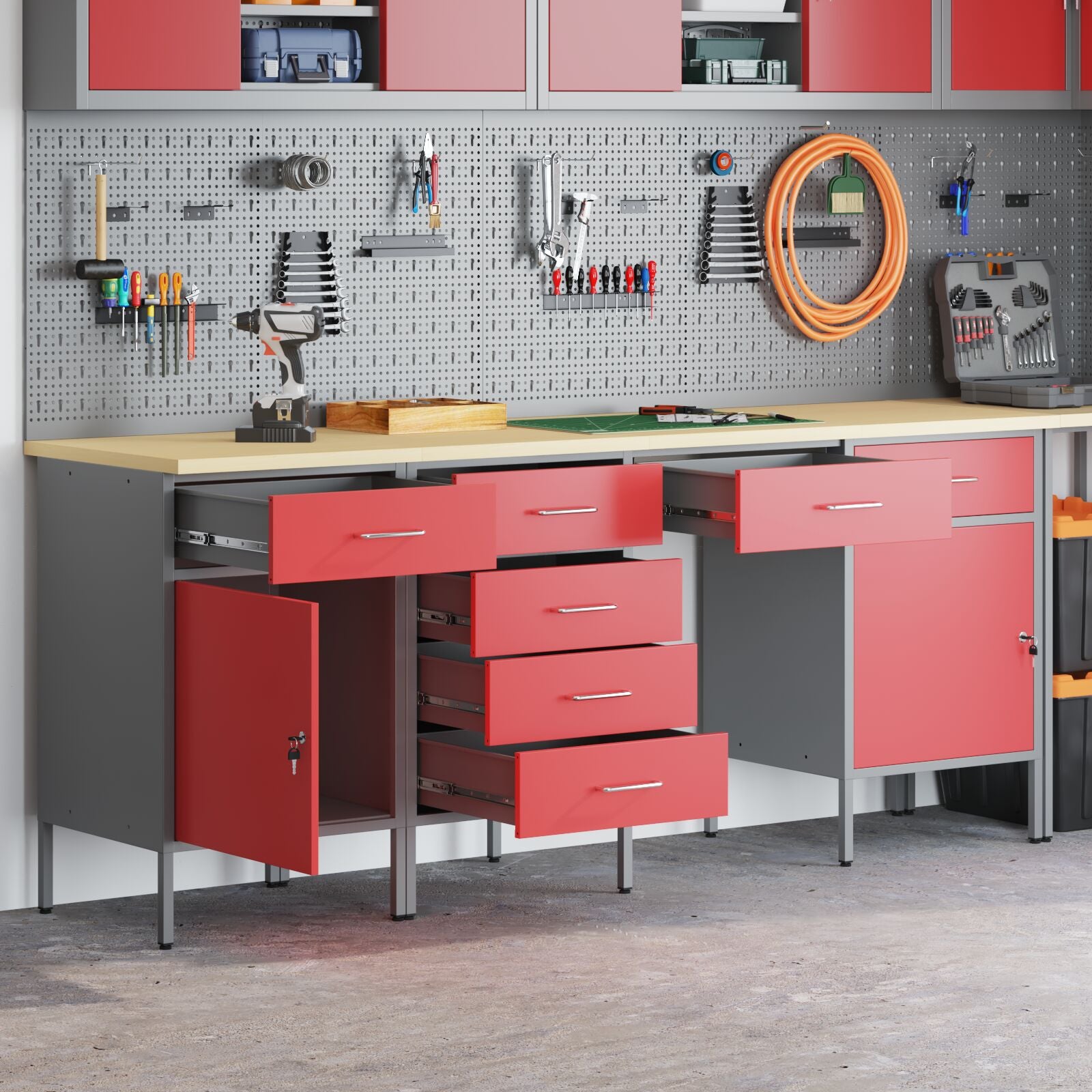 4-Delige Werkcabinet En Tafel Set Rood Gespoten Hout En Staal