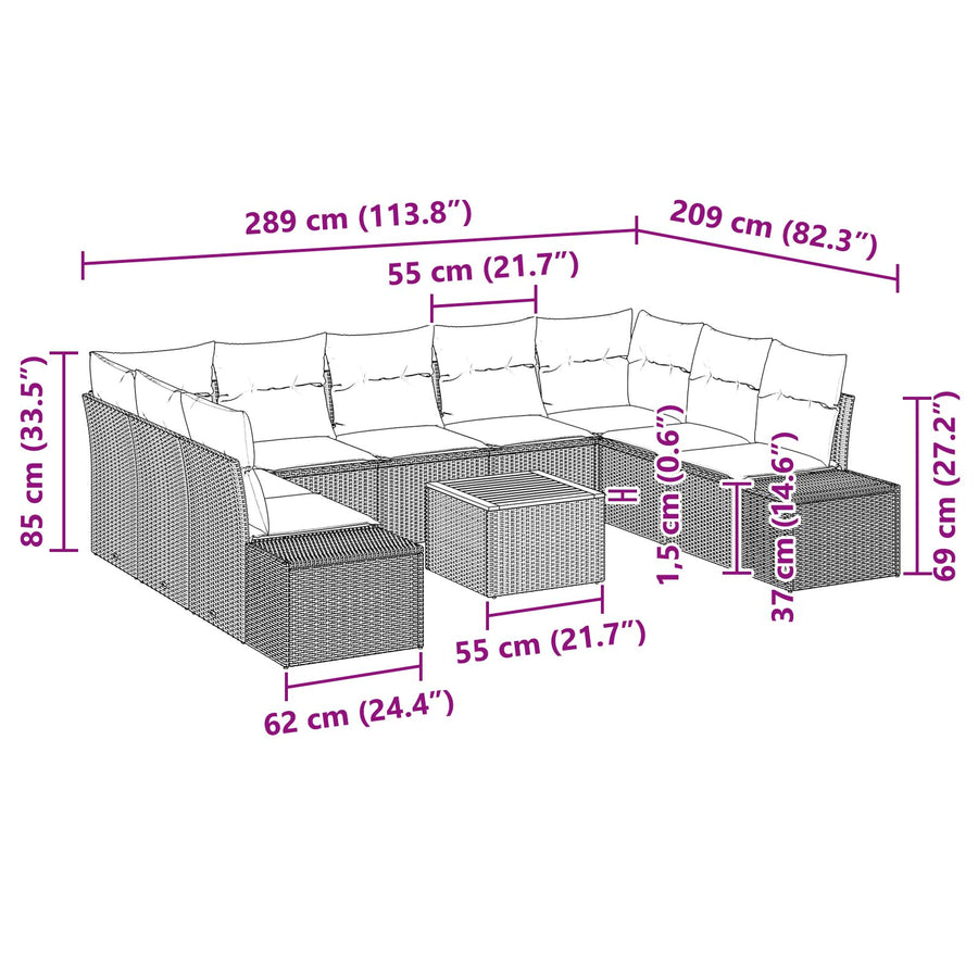 10-Delige Tuin Sofa Set Met Kussens Grijs Poly Rattan Acacia
