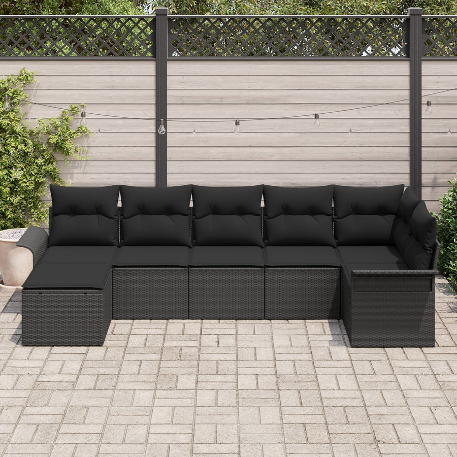 7-Delige Tuinsofa Set Met Kussens Zwart Poly Rattan