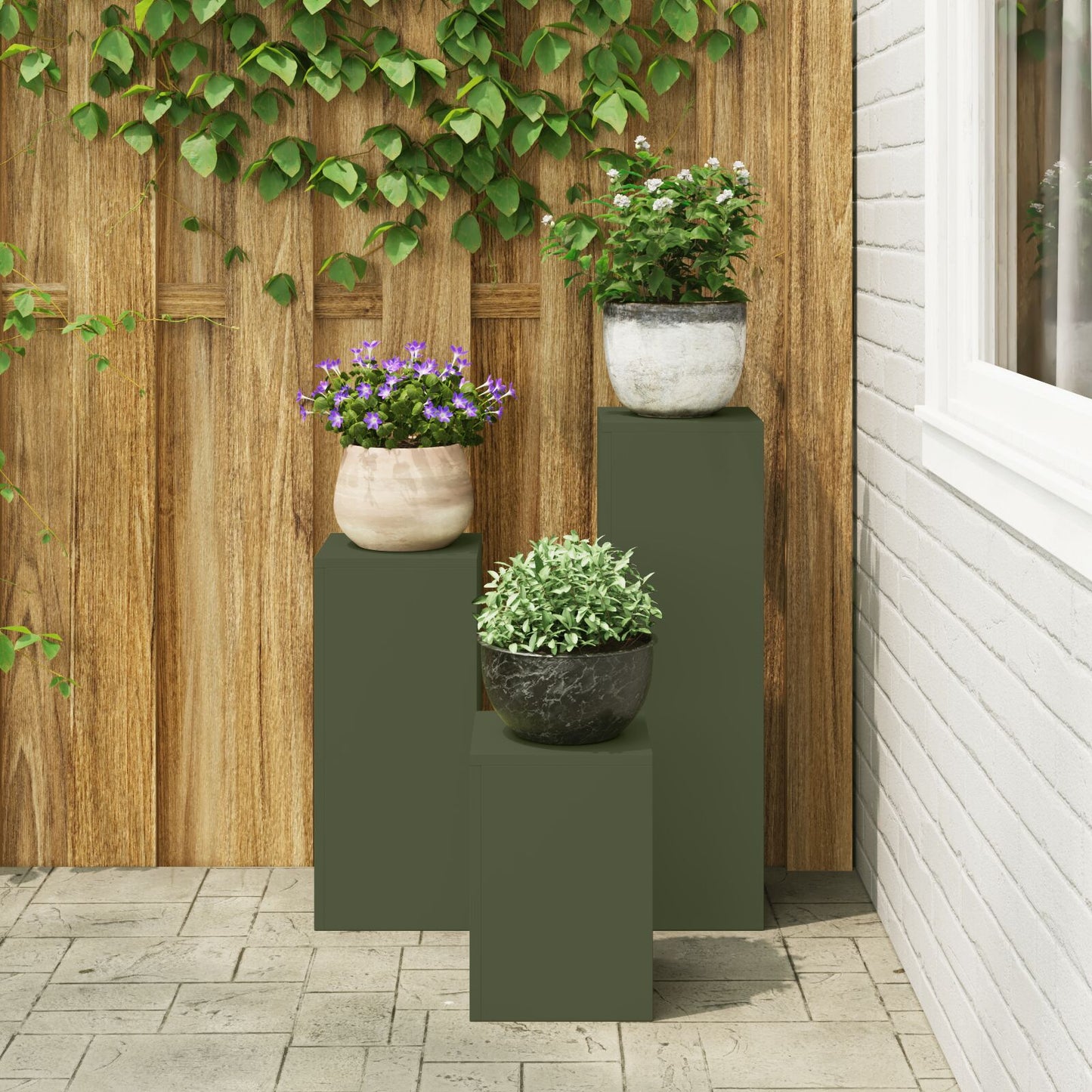 Buiten Plantenstandaards Pilaar 3 Stuks Staal Olijfgroen 3x (35/55/75 cm)