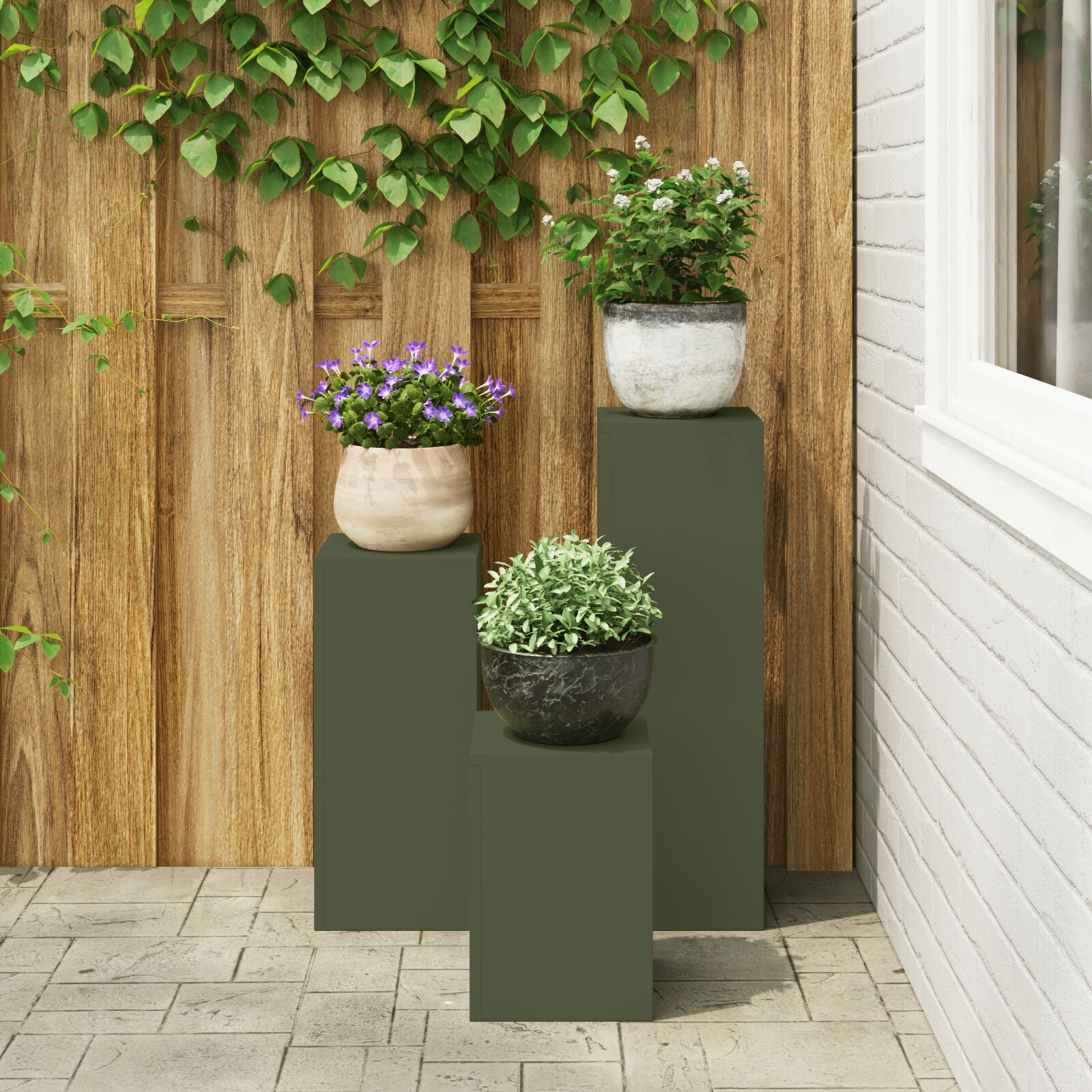 Buiten Plantenstandaards Pilaar 3 Stuks Staal Olijfgroen 3x (35/55/75 cm)