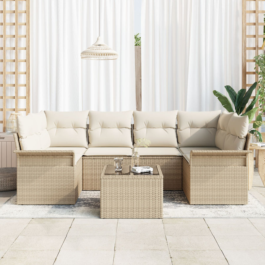 7-Delige Tuin Sofa Set Met Kussens Beige Poly Riet