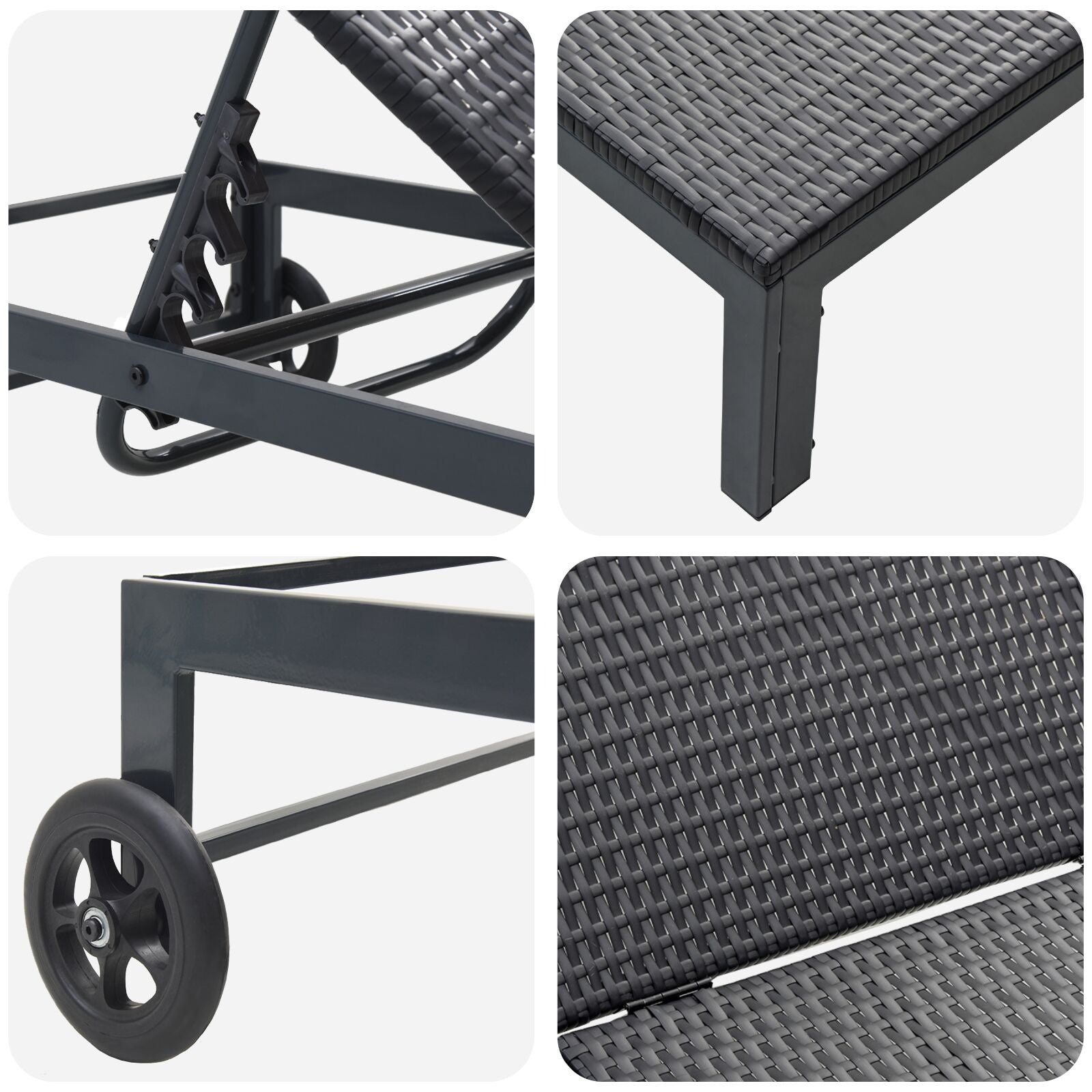 Zonnebedden 2 Stuks Met Wielen En Tafel Poly Rattan Zwart