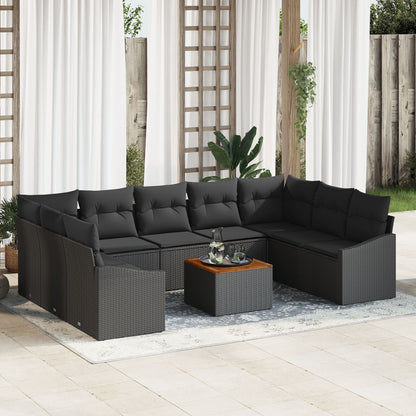10-Delige Tuin Sofa Set Met Kussens Zwart Poly Rattan Acacia