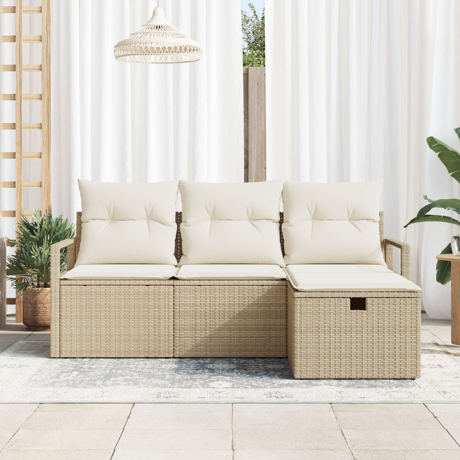 4-Delige Tuin Sofa Set Met Kussens Beige Poly Riet,  2-Zits Tuin Sofa Met Kussens Beige Poly Riet