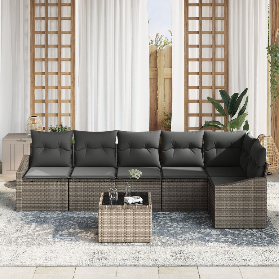 6-Delige Tuin Sofa Set Met Kussens Zwarte Poly Rattan Grijs met tafel