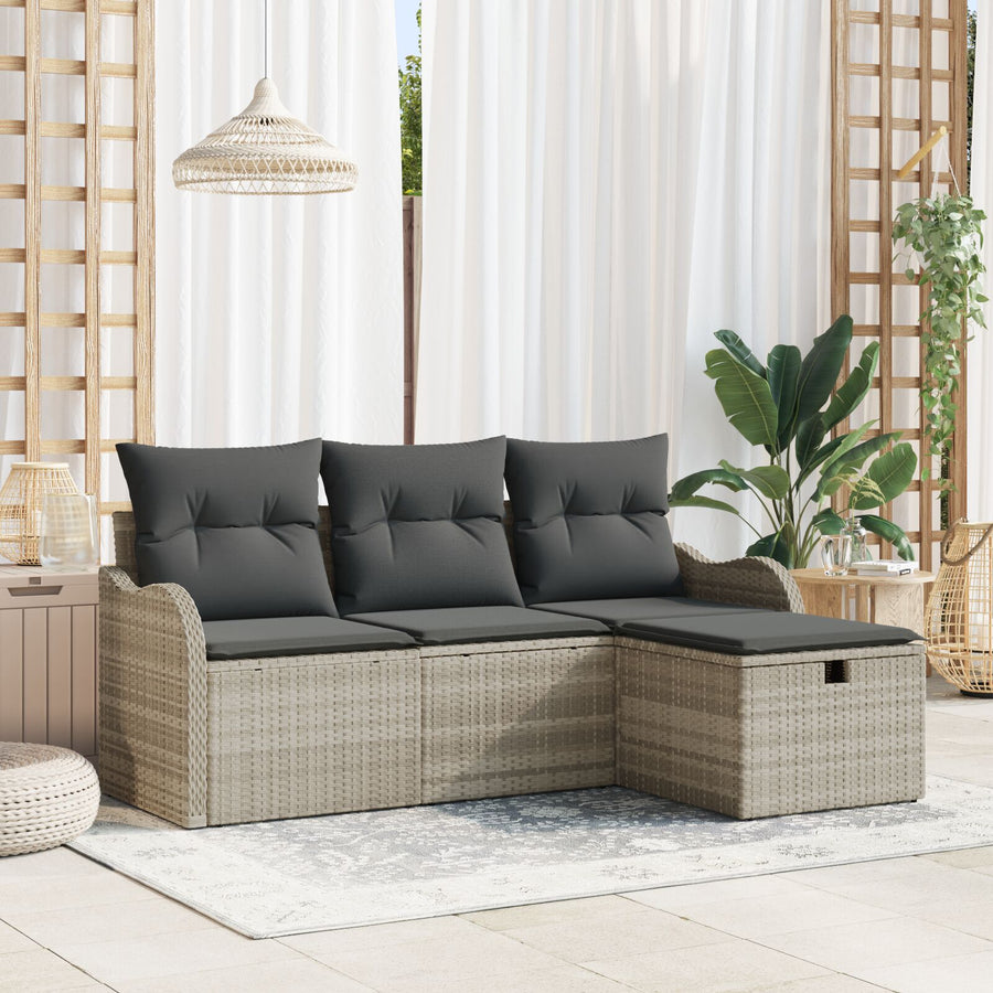 4-Delige Tuinbank Set Met Kussens In Lichtgrijs Poly Rattan, 2-Zits Tuinbank Met Opbergruimte & Kussens In Lichtgrijs Poly Rattan Wit