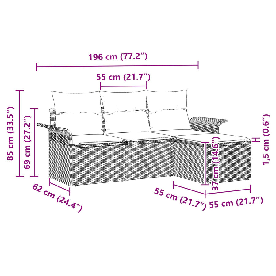 4-Delige Tuin Sofa Set Met Kussens Grijs Poly Riet