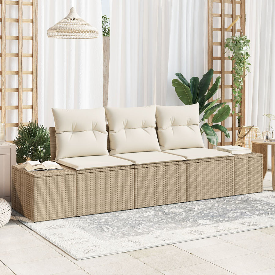 3-Persoons Tuinbank Set Met Kussens Beige Poly Riet