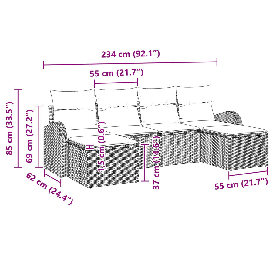 6-Delige Tuin Sofa Set Met Kussens Grijs Poly Rattan