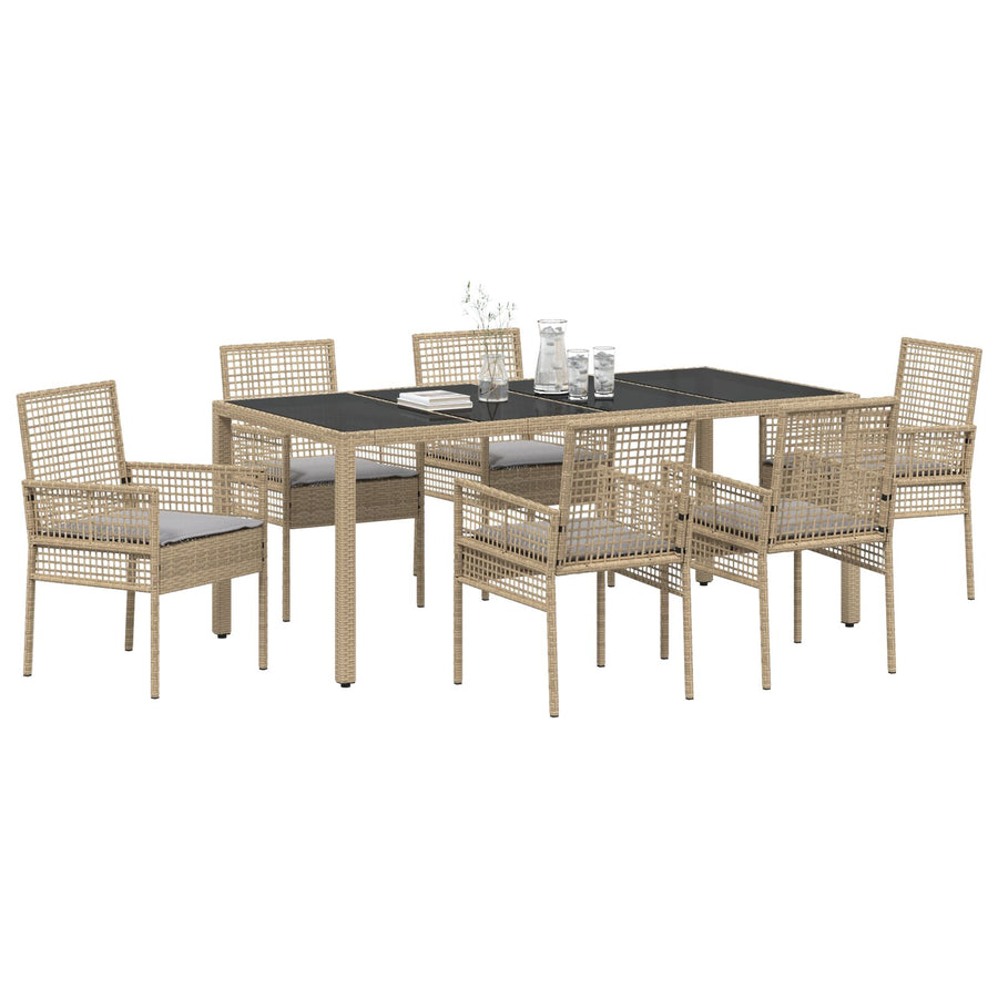 Set Van 4 Beige Poly Rattan, Gehard Glas, Gepoedercoat Staal