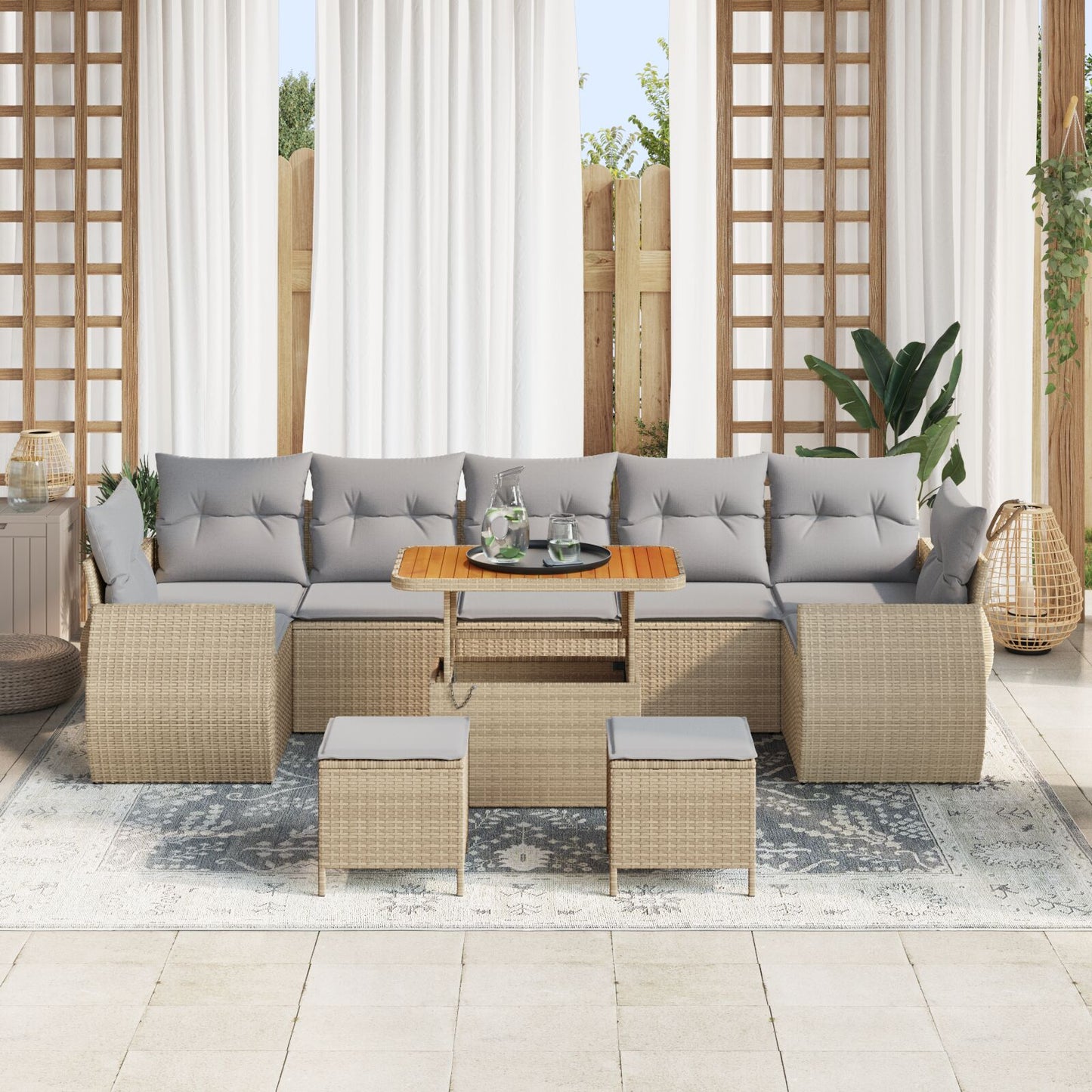 10-Delige Tuinsofa Set Met Kussens Beige Poly Riet Acacia, 3-Delige Tuin Eetset Met Kussens Beige Poly Riet Acacia Wit
