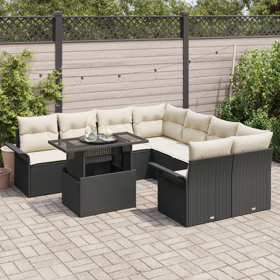 9-Delige Tuinbank Set Met Kussens Zwarte Poly Rattan
