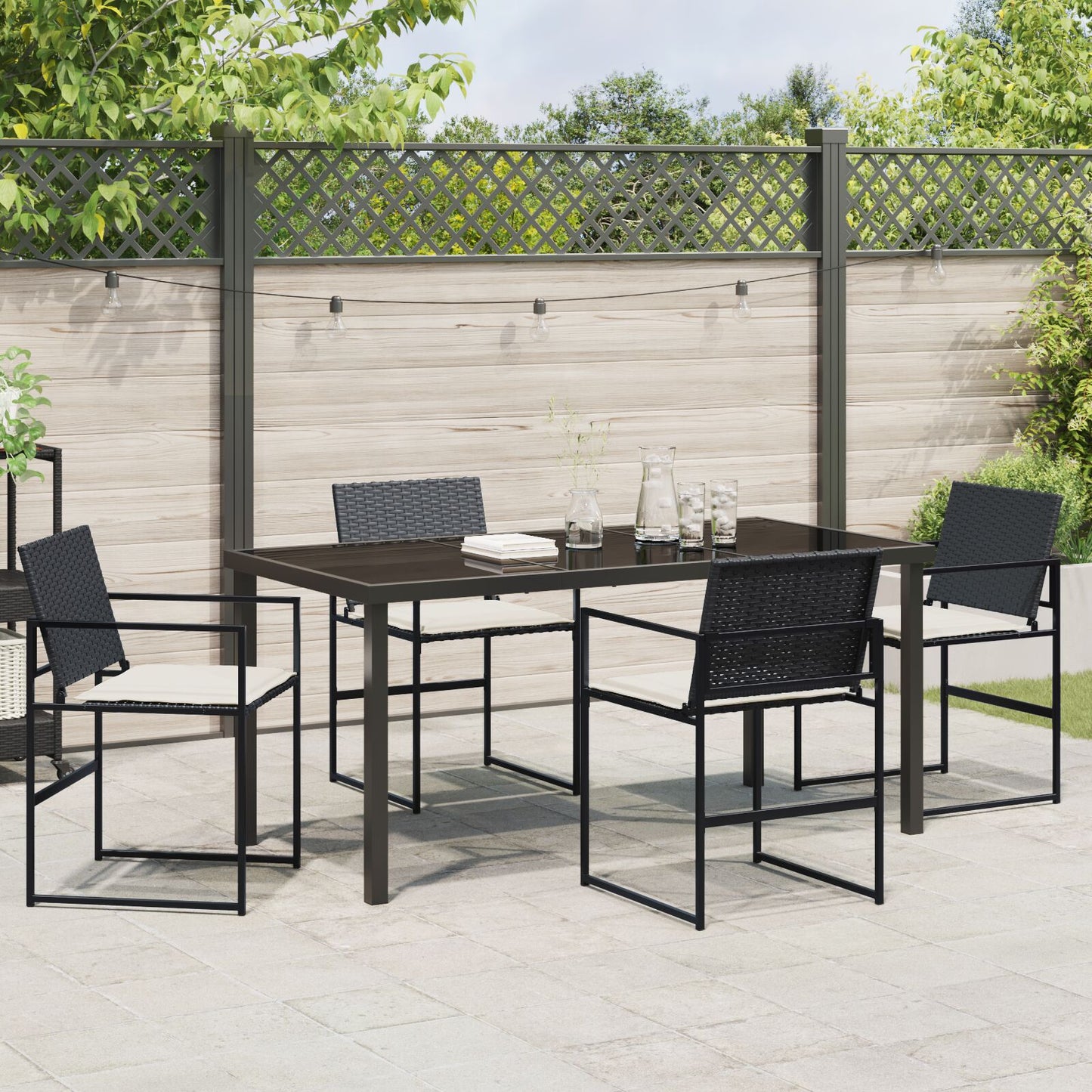 5 Delige Tuin Eettafel Set Met Kussens Zwart Poly Rattan