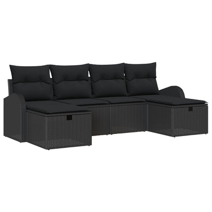 6-Delige Tuinbankset Met Kussens Zwart Poly Rattan