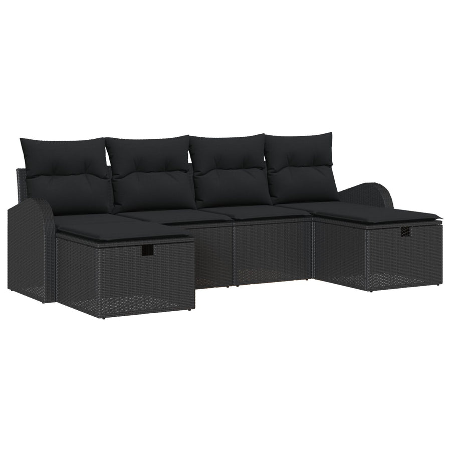 6-Delige Tuinbankset Met Kussens Zwart Poly Rattan