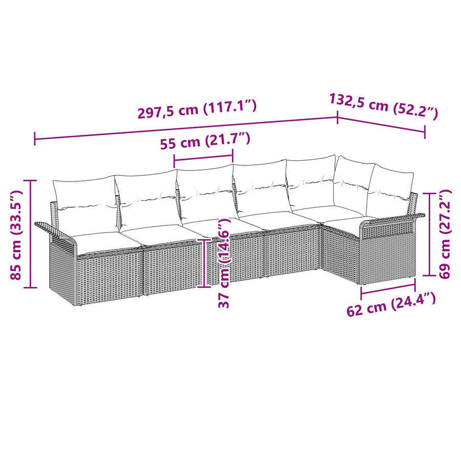 6-Delige Tuin Sofa Set Met Kussens Poly Rattan Lichtgrijs zonder tafel