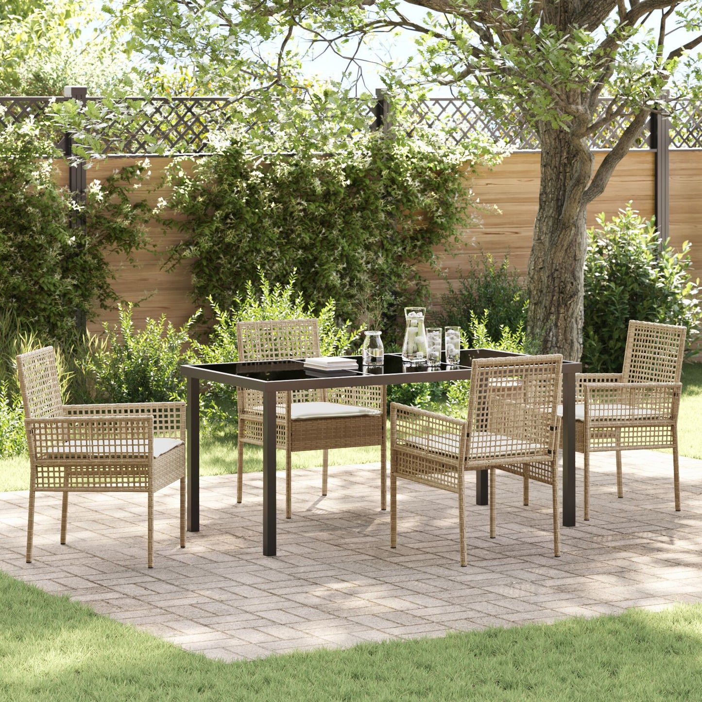 5-Delige Tuin Eettafelset Met Kussens Beige Poly Rattan