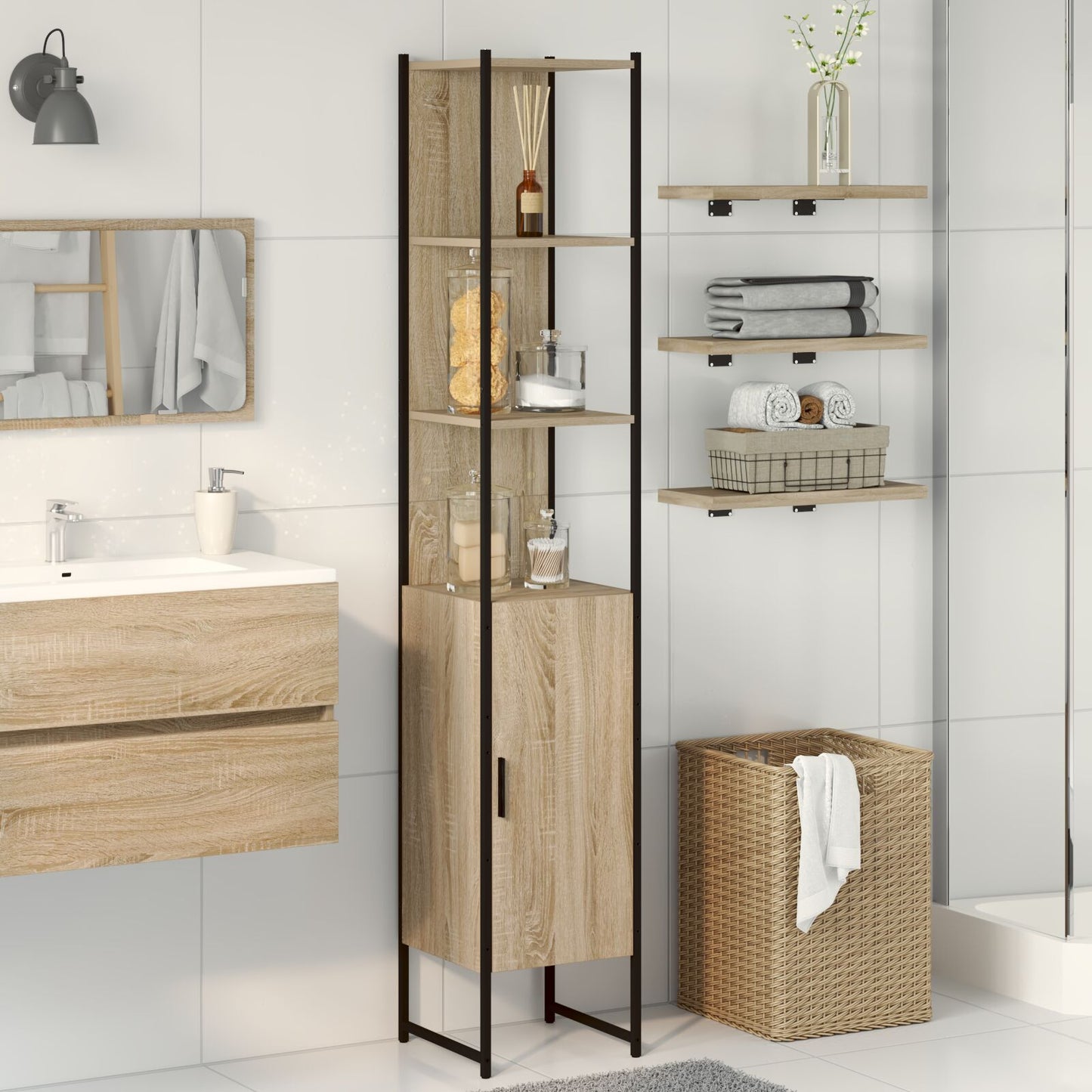 Badkamerkast Sonoma Eik 33X33X185,5 Cm Hout Zwart Eiken