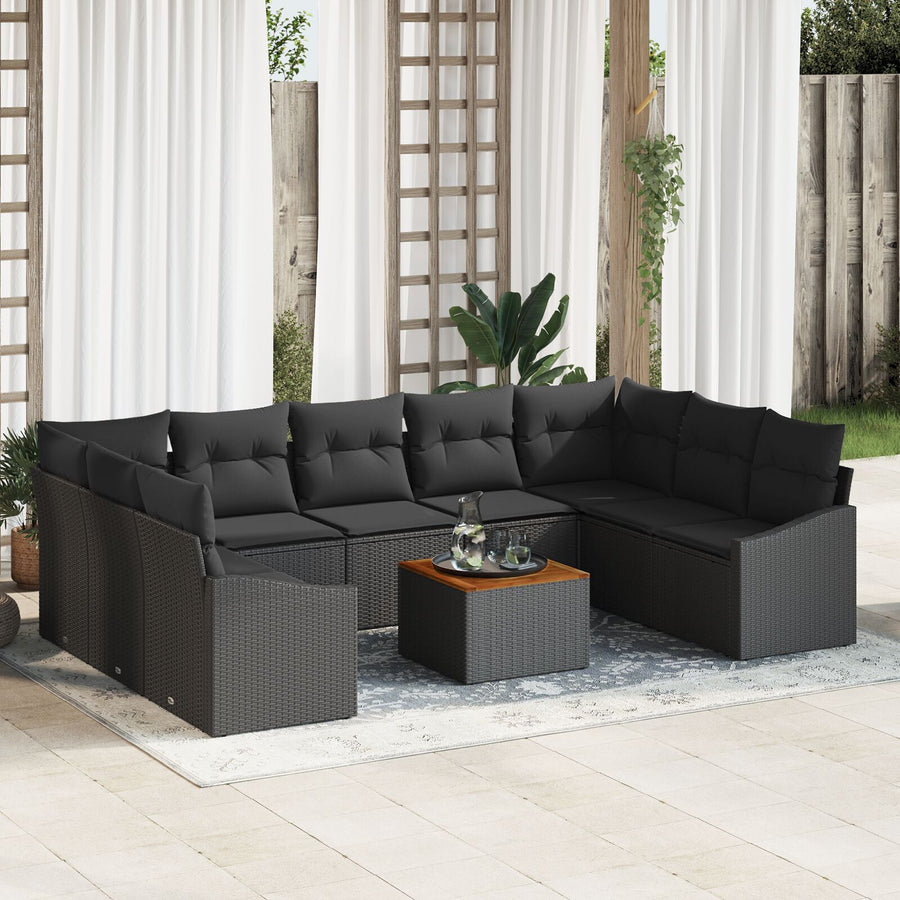 10-Delige Tuinbankset Met Kussens Zwart Poly Rattan Acacia