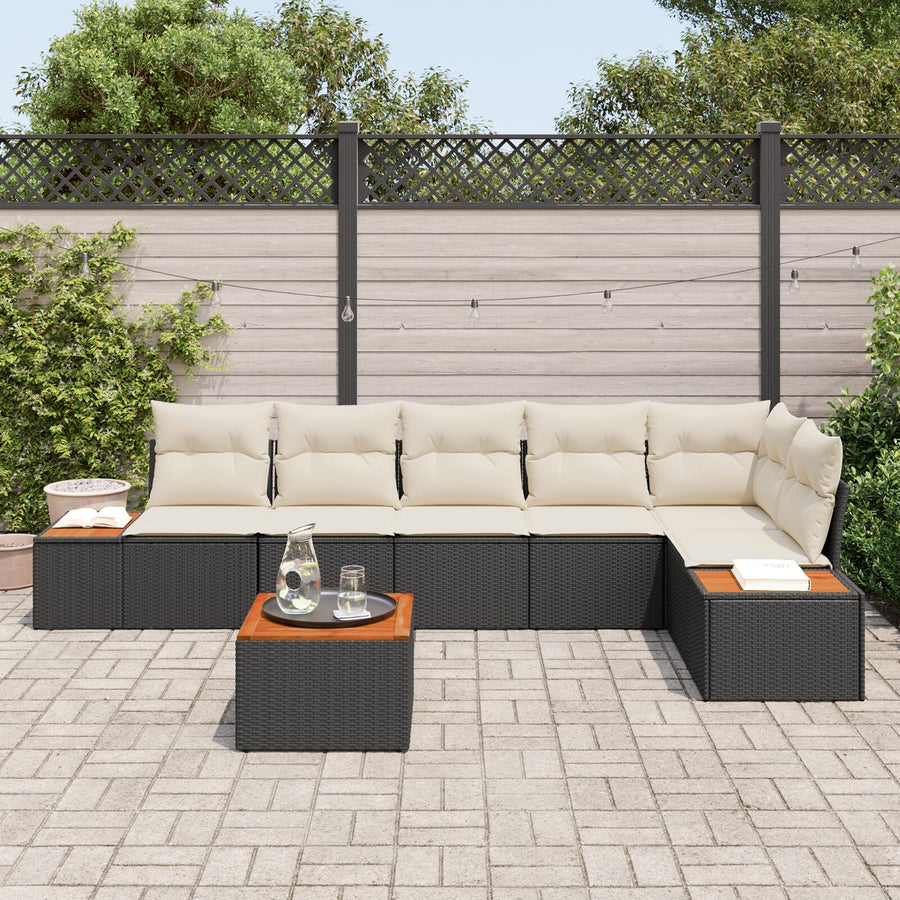 7 Persoons Tuin Sofa Set Met Kussens Poly Rattan Acacia Zwart en crème met tafel