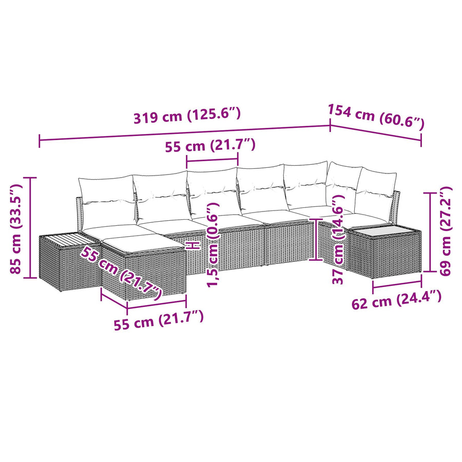 7-Delige Tuinbank Set Met Kussens Beige Poly Riet Acacia
