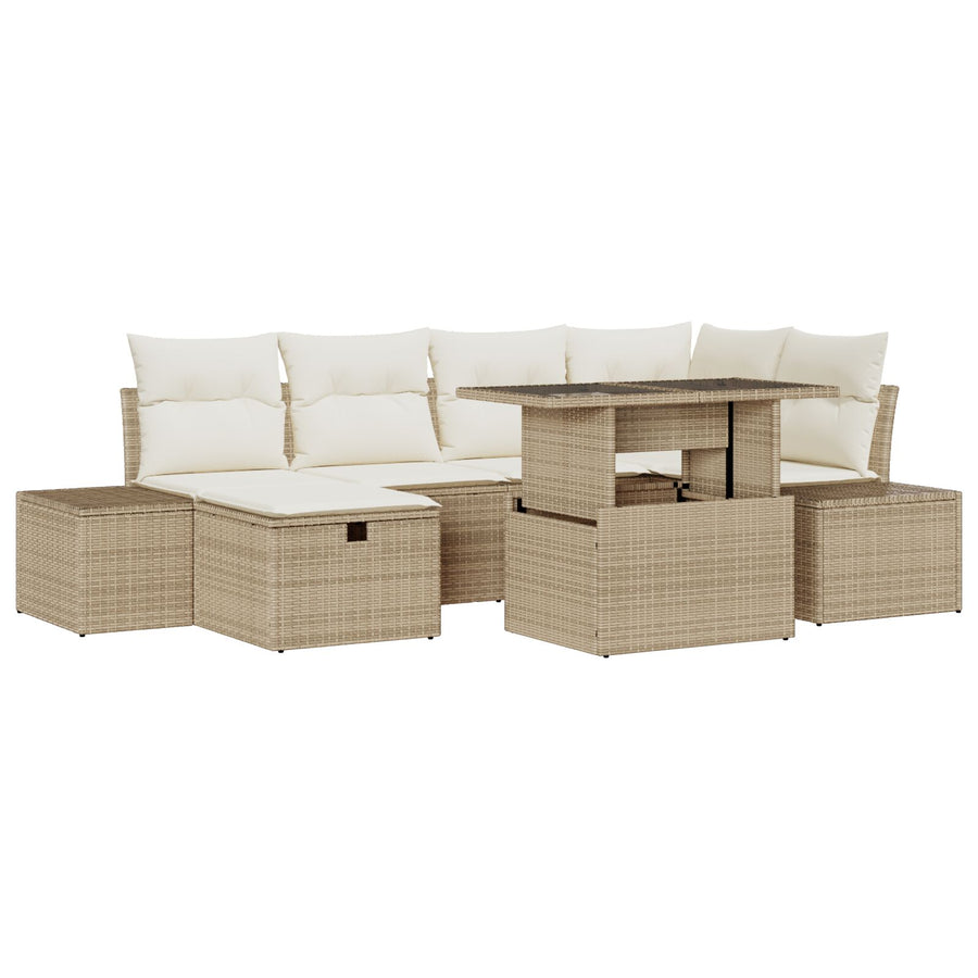Set Van 7 Stukken Tuin Sofa Met Kussens Beige Poly Rattan Wit