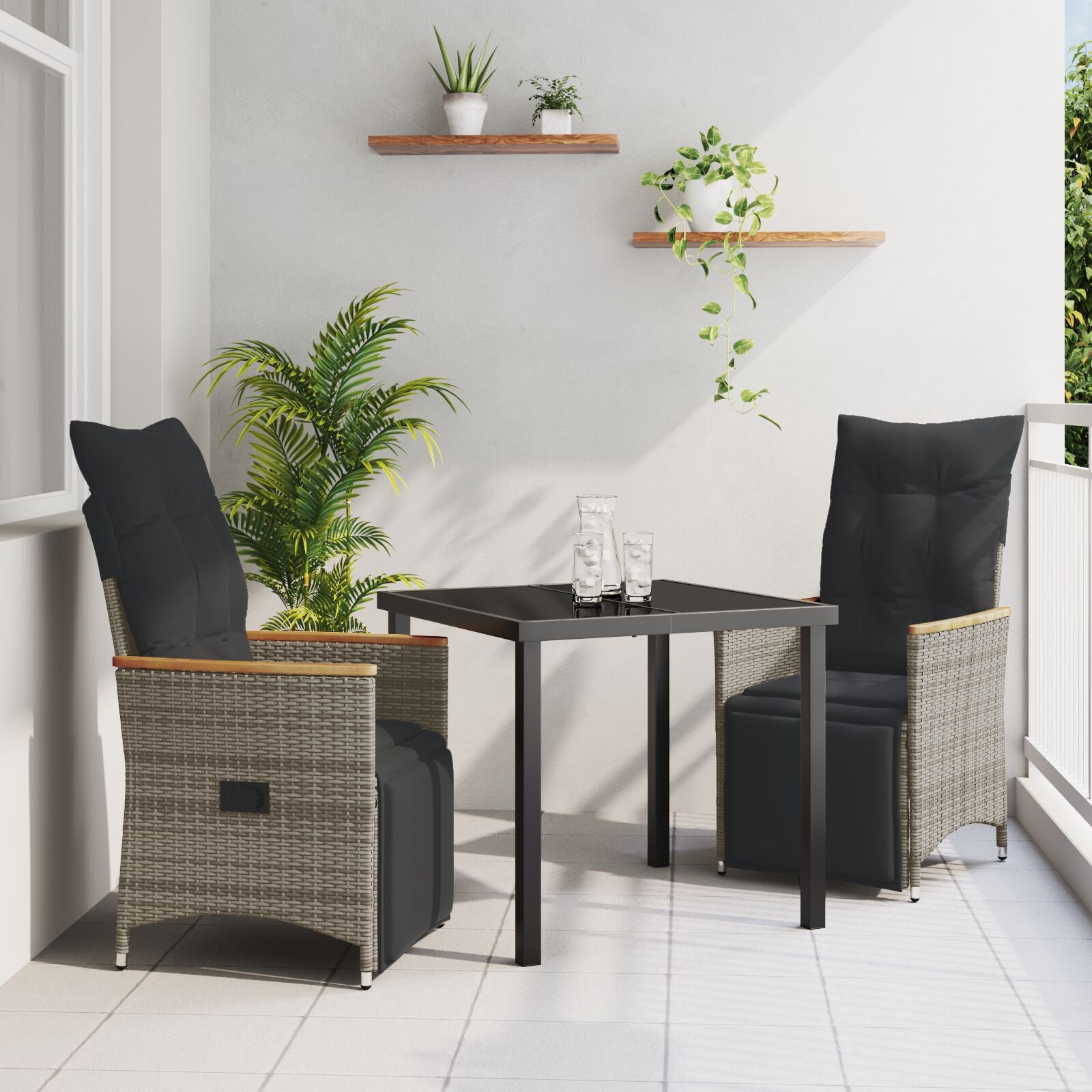 3-Delige Tuin Eetset Met Kussens Grijs Poly Rattan