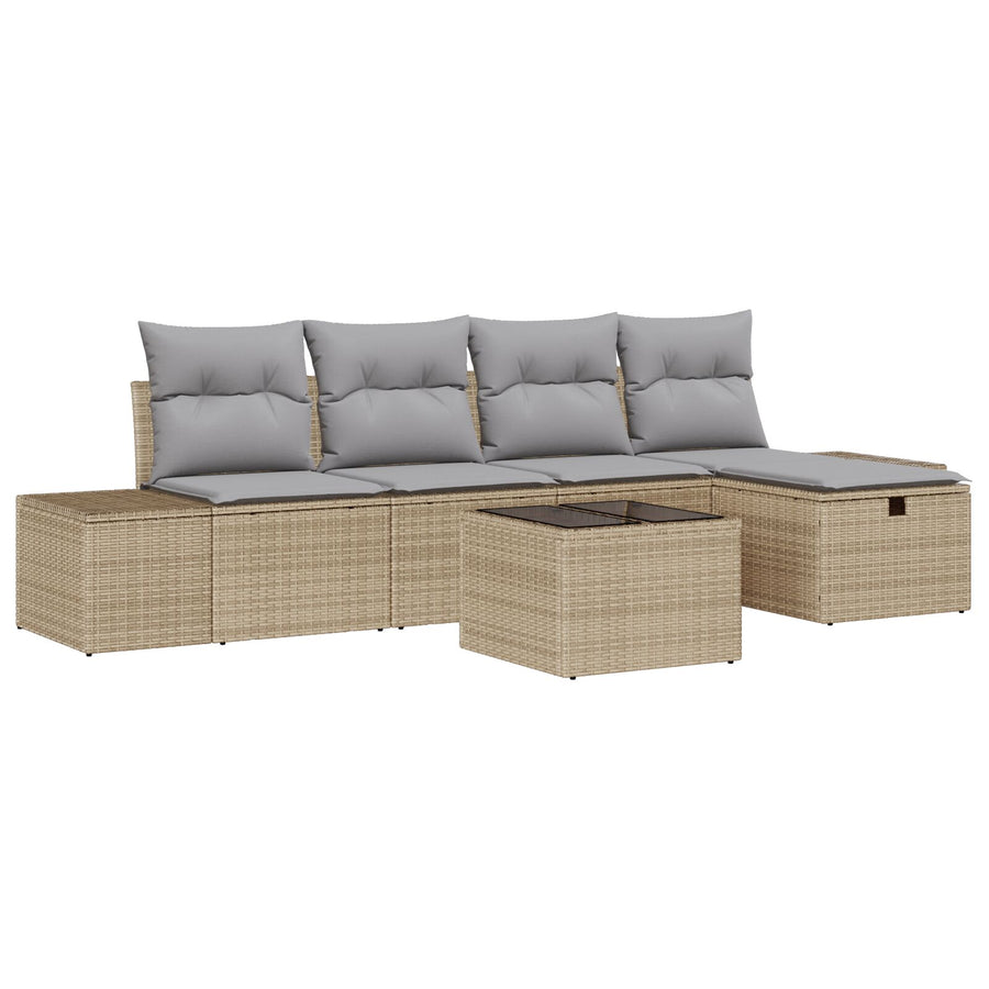 6-Delige Tuinbankset Met Kussens Beige Poly Rattan