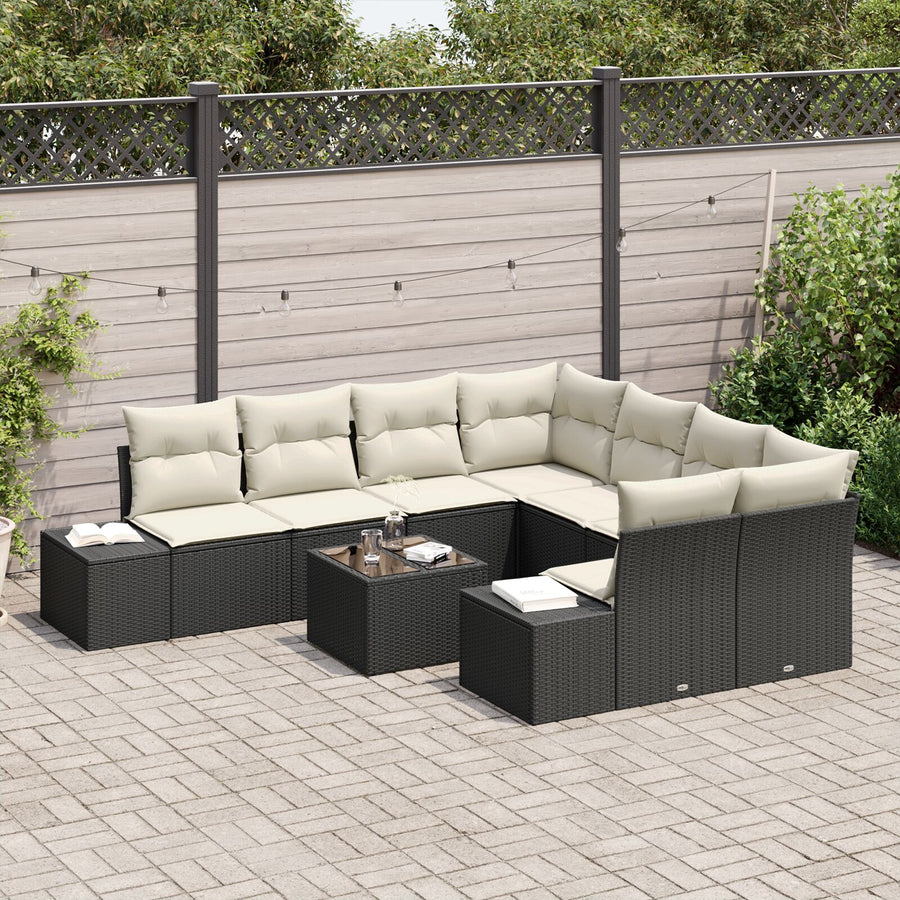 9-Delige Tuinbankset Met Kussens Zwart Poly Rattan