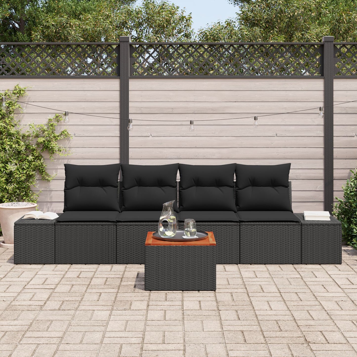 5-Delige Tuinsofa Set Met Kussens Zwart Poly Rattan Acacia