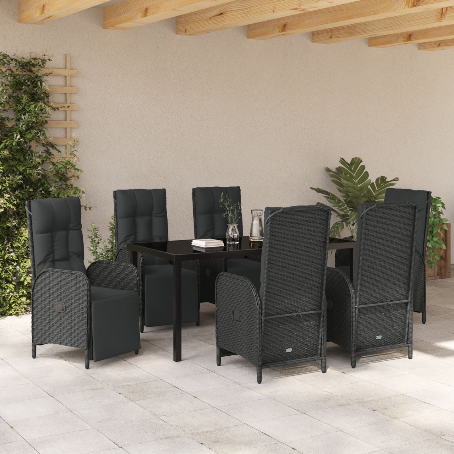 7-Delige Tuin Eetset Met Kussens Zwart Poly Rattan
