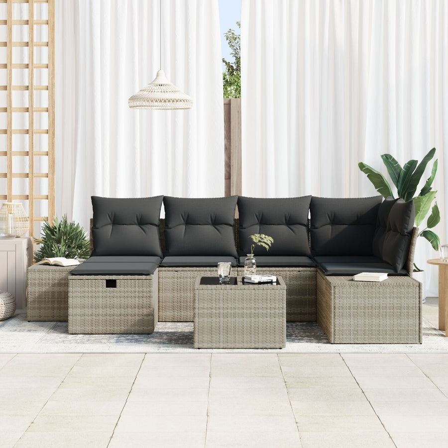 7-Delige Tuin Sofa Set Met Kussens Licht Grijs Poly Rattan