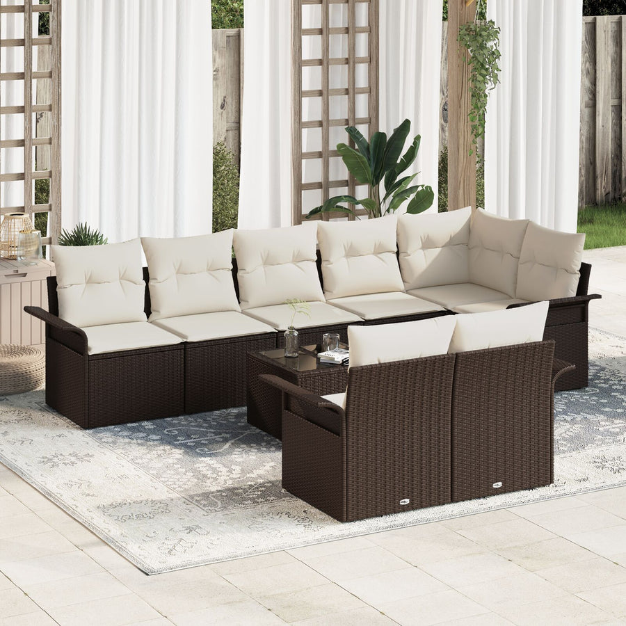 8-Delige Tuinbankset Met Kussens Grijs Poly Rattan Bruin en crème met tafel
