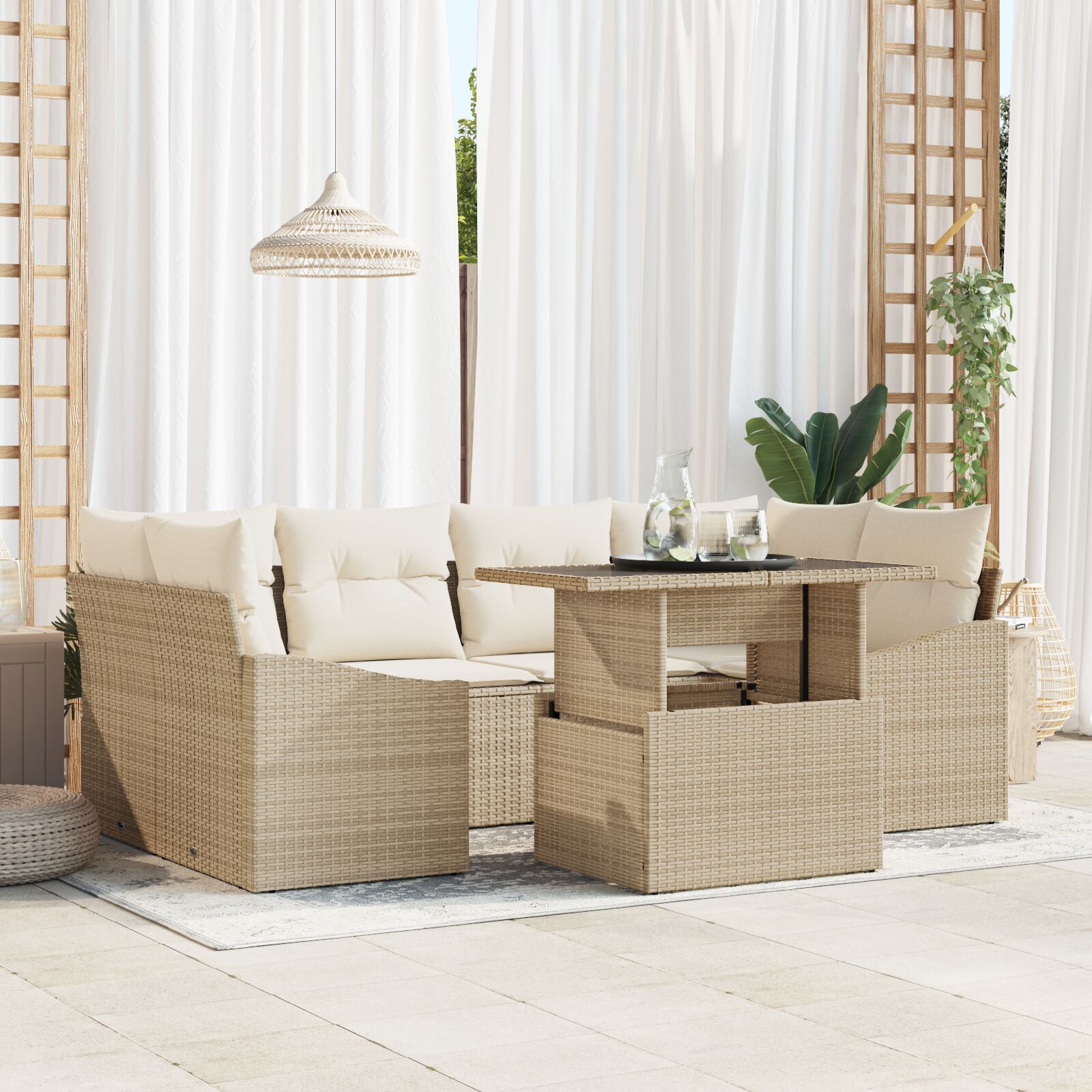 Tuinbank Set Set Van 7 Beige Rattan Buitenbank Rechthoekig