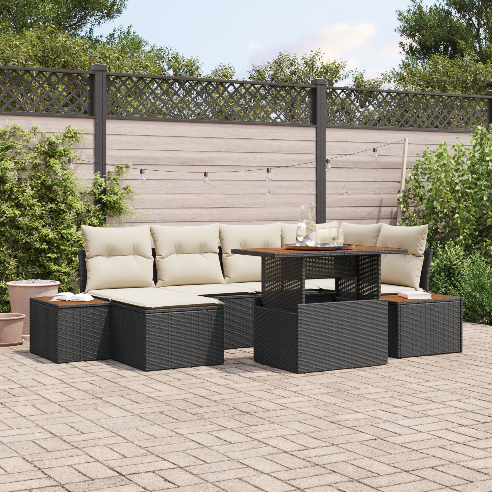 Tuinbank Set Set Van 7 Beige, Zwart Polyester, Pe Rattan, Staal