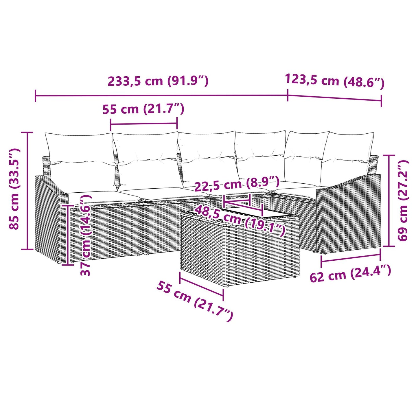 5-Delige Tuinsofa Set Met Kussens Bruin Poly Rattan Zwart en crème met tafel