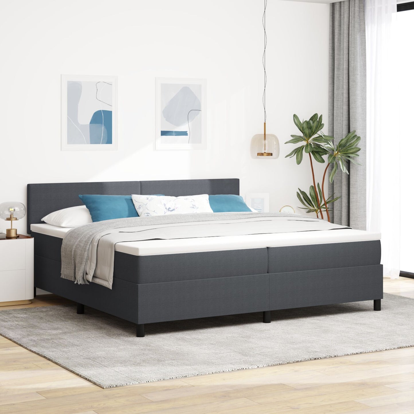 Boxspringbed Met Matras Donkergrijs 200 X 200 Cm Ribstof