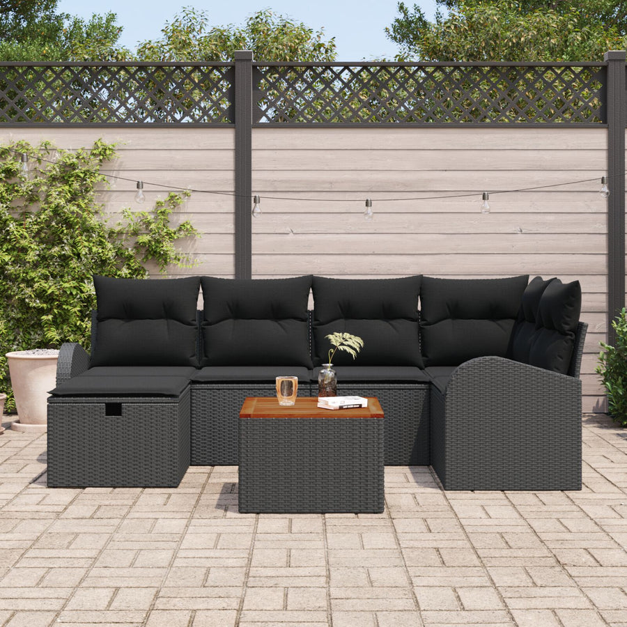 7-Delige Tuin Sofa Set Met Kussens Zwart Poly Rattan