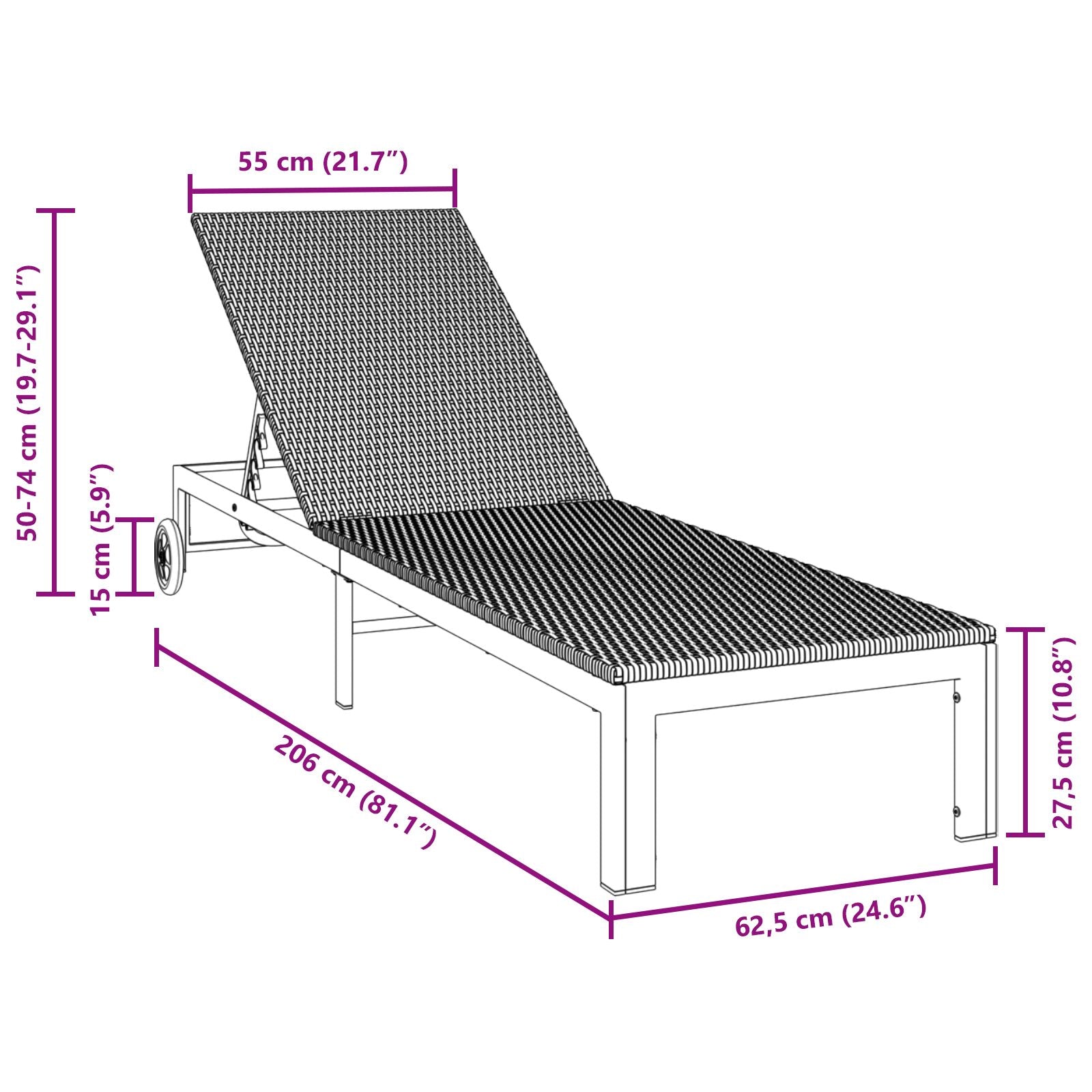 Zonnebed Met Wielen Poly Rattan Zwart 200 x 54 x 27.5 cm
