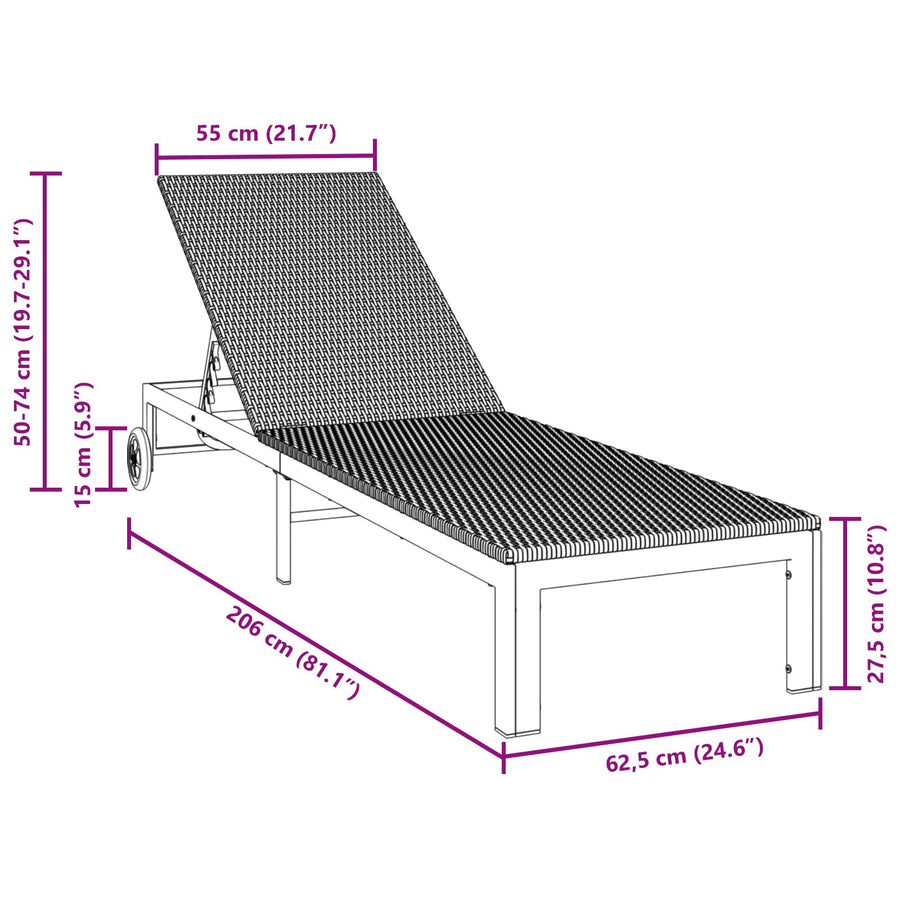 Zonnebed Met Wielen Poly Rattan Zwart 200 x 54 x 27.5 cm