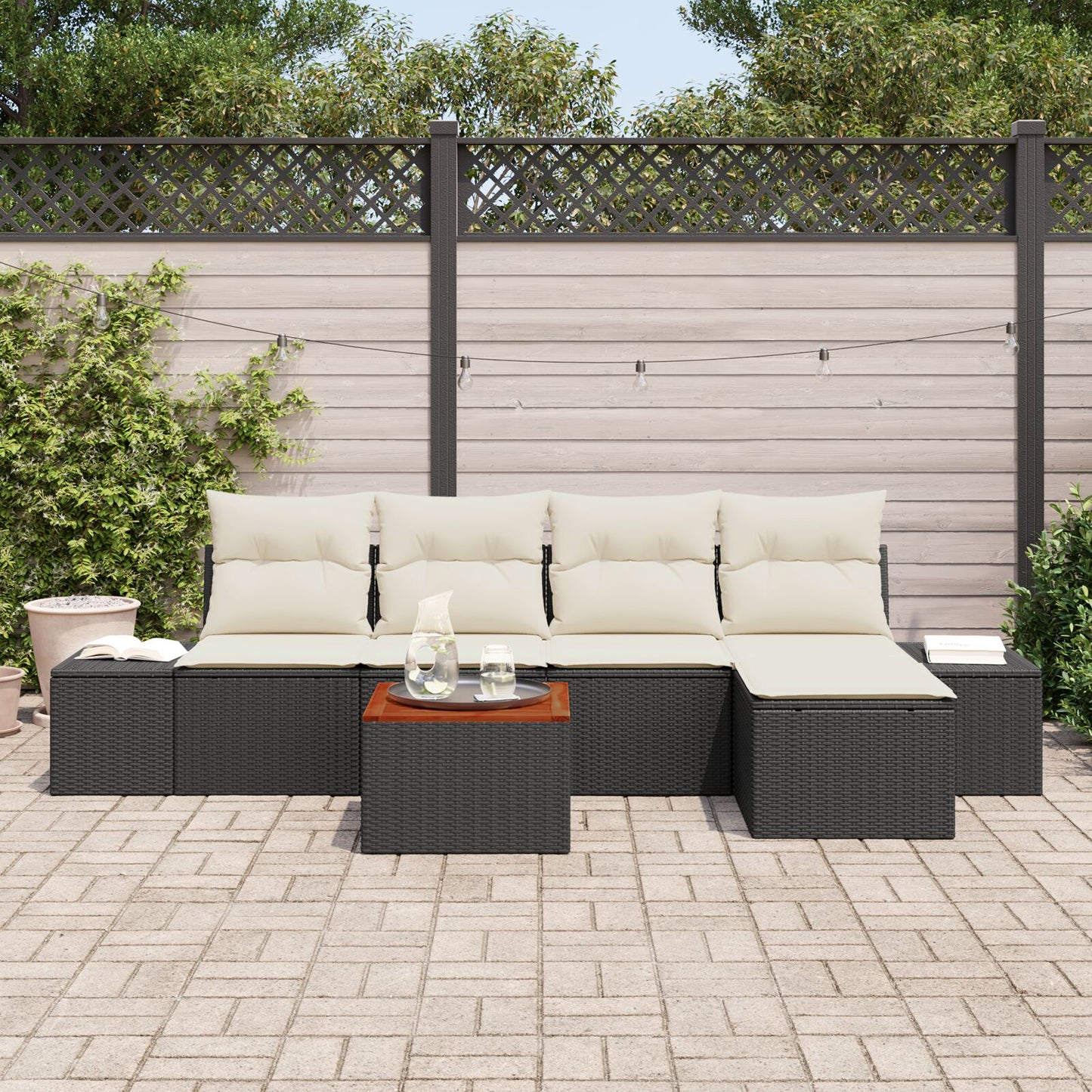 6-Delige Tuin Sofa Set Met Kussens Zwart Poly Rattan Acacia