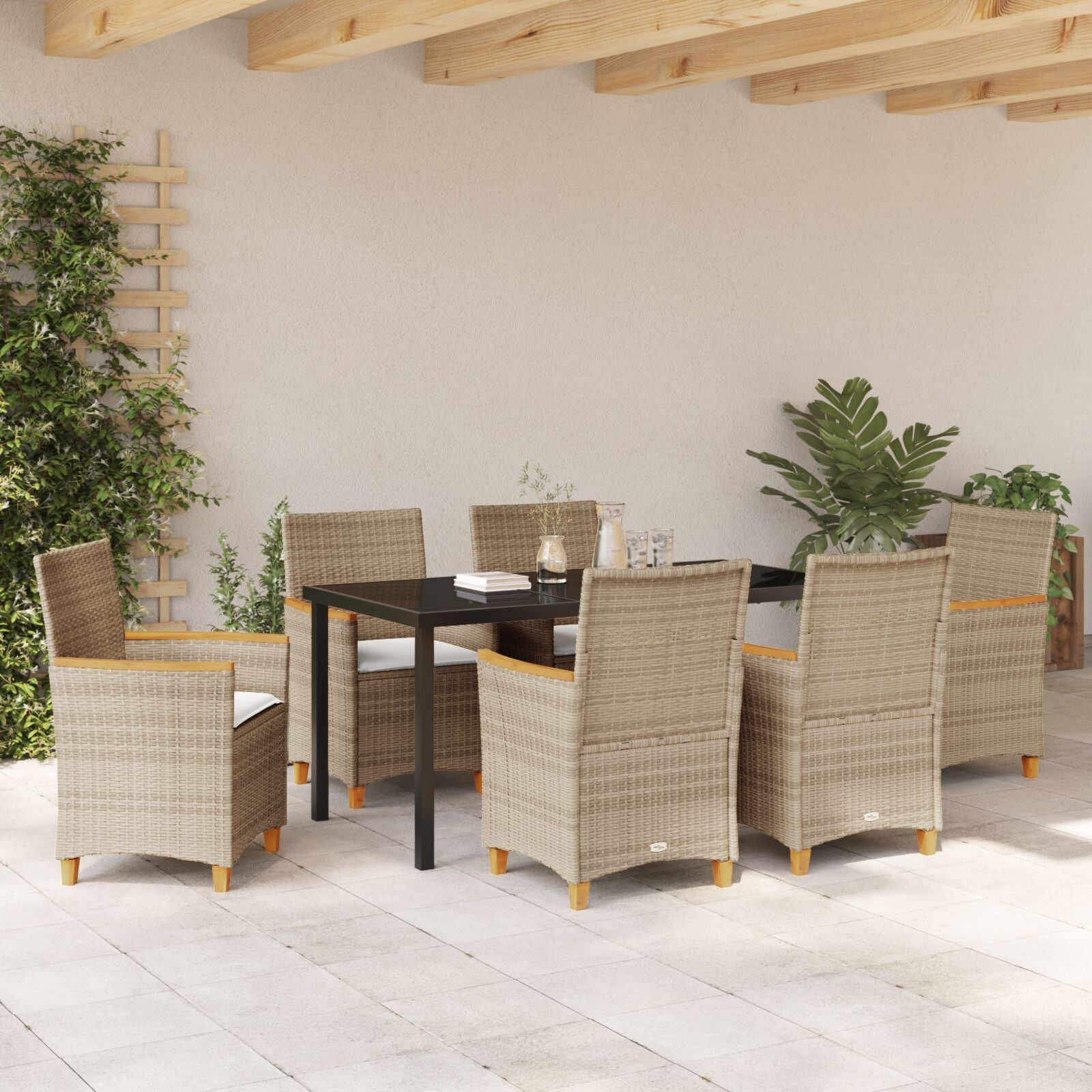7-Delige Tuin Eetset Met Kussens Beige Poly Rattan