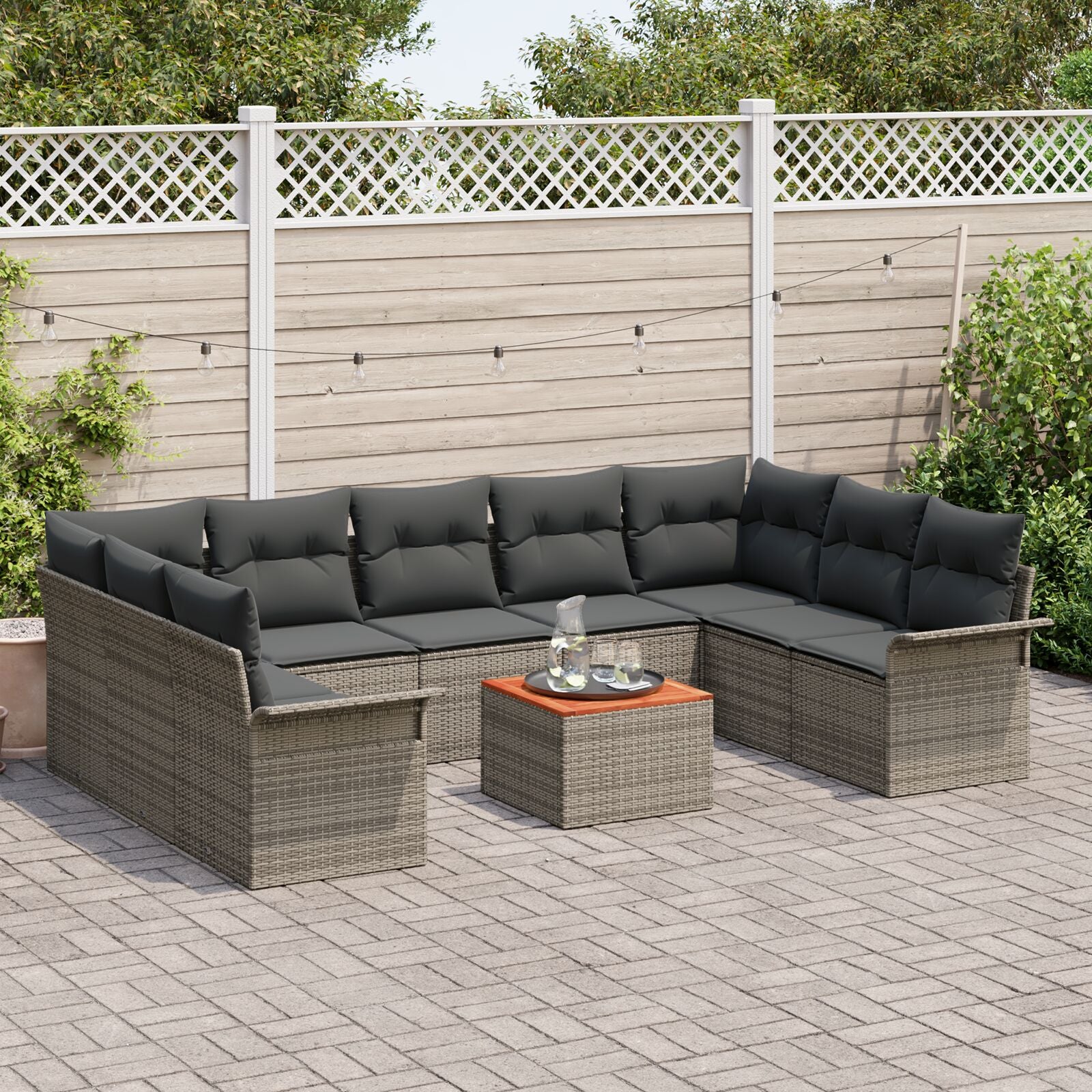 10-Delige Tuin Sofaset Met Kussens Grijs Poly Rattan Acacia