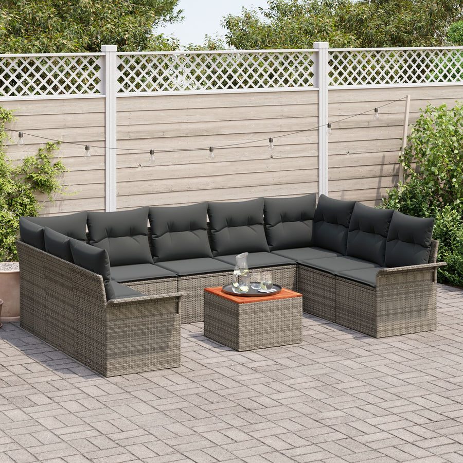10-Delige Tuin Sofaset Met Kussens Grijs Poly Rattan Acacia